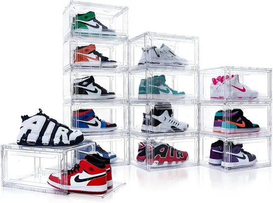 Clear Shoe Boxes Stackable Plastic Sneaker Container Magnetic Side Open Shoe Organizer