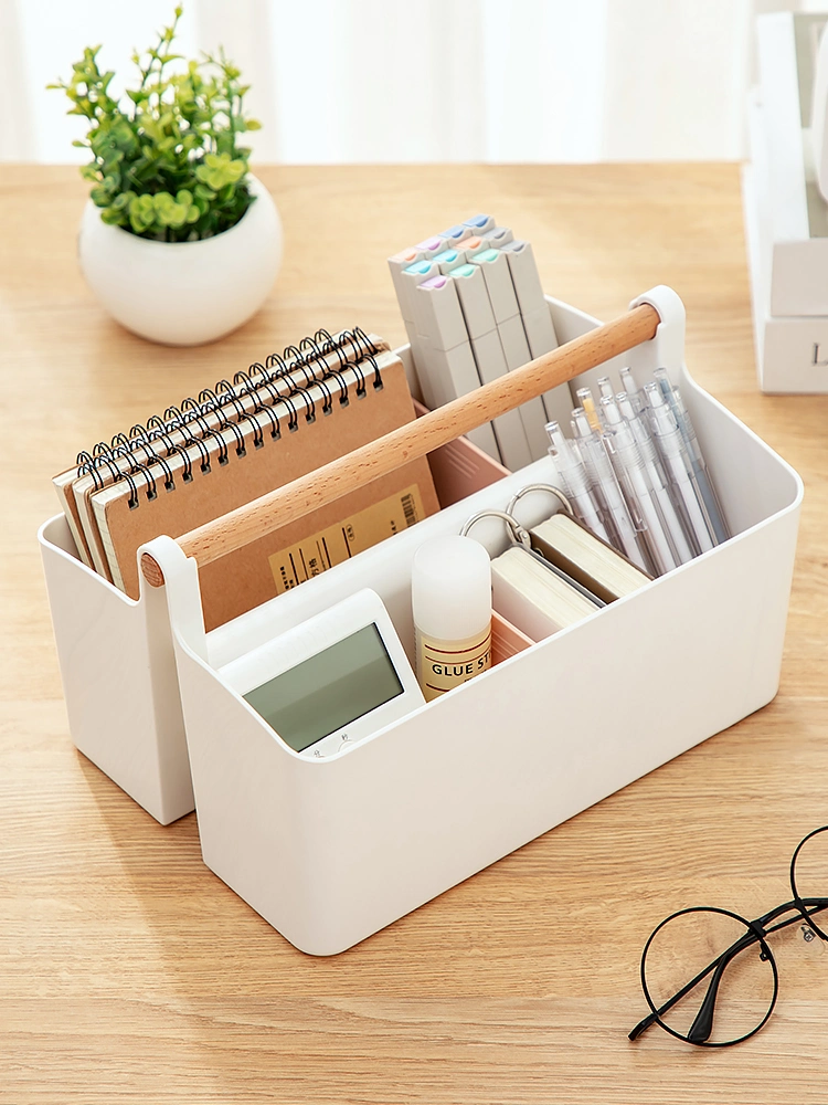 Multi-Functional Storage Box Stackable Portable Desktop Office Stationary Storage Box Cosmetic Organizer Box with Wooden Handle